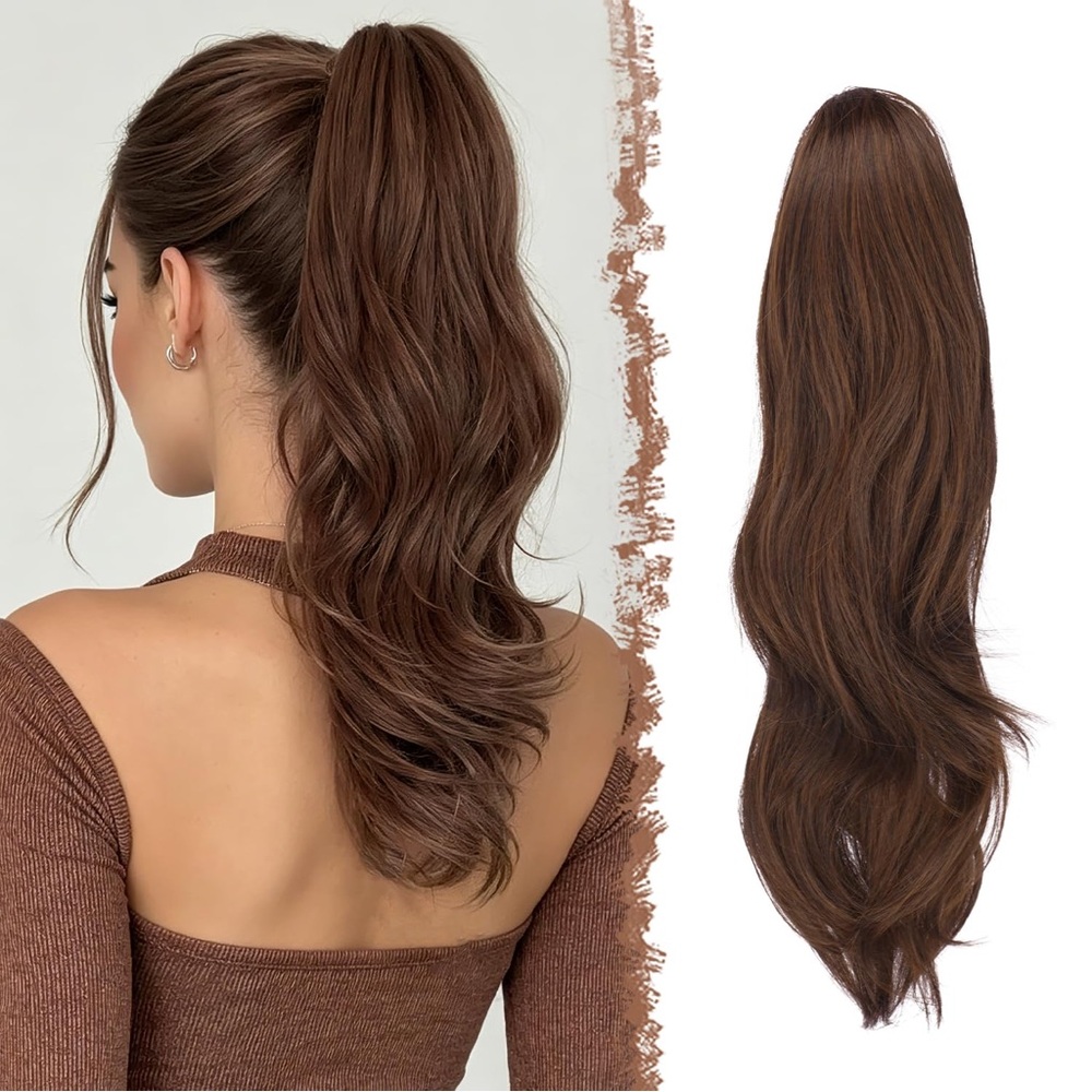 Pony Tail Hair Extension Clip in Drawstring Brown & Auburn Mixed Synthetic 20”